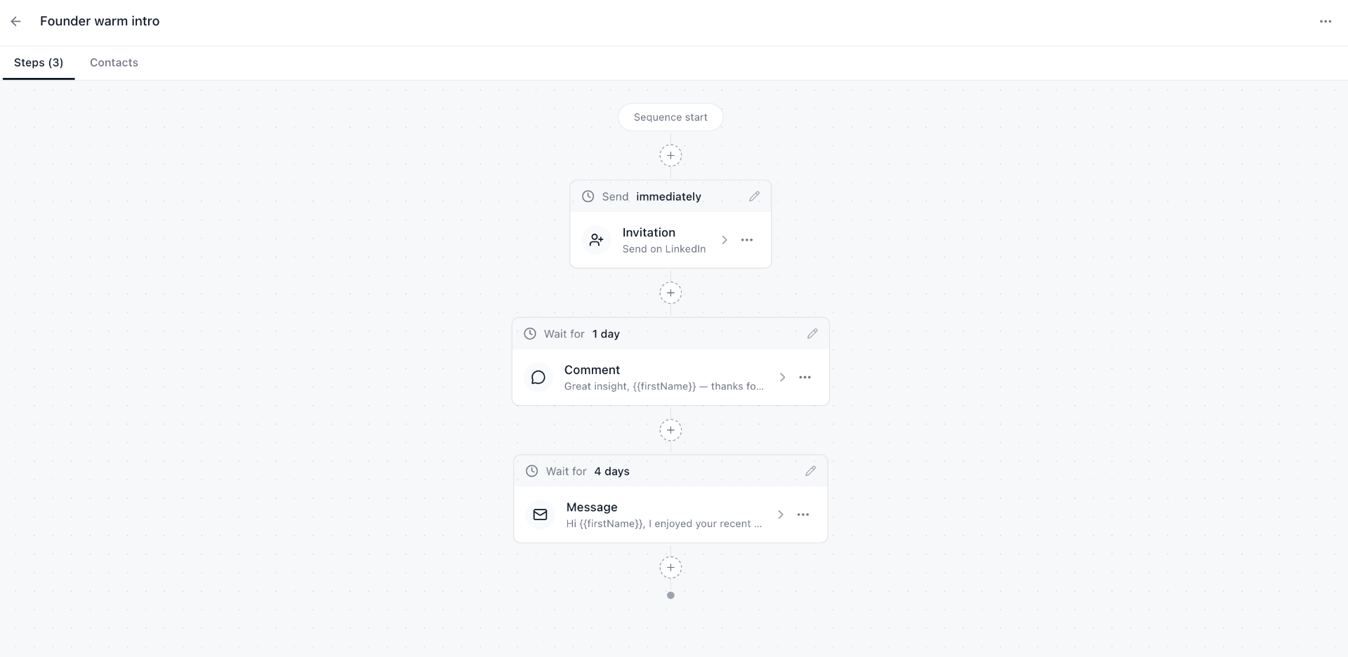 Sequence builder canvas with invitation, comment, and message steps