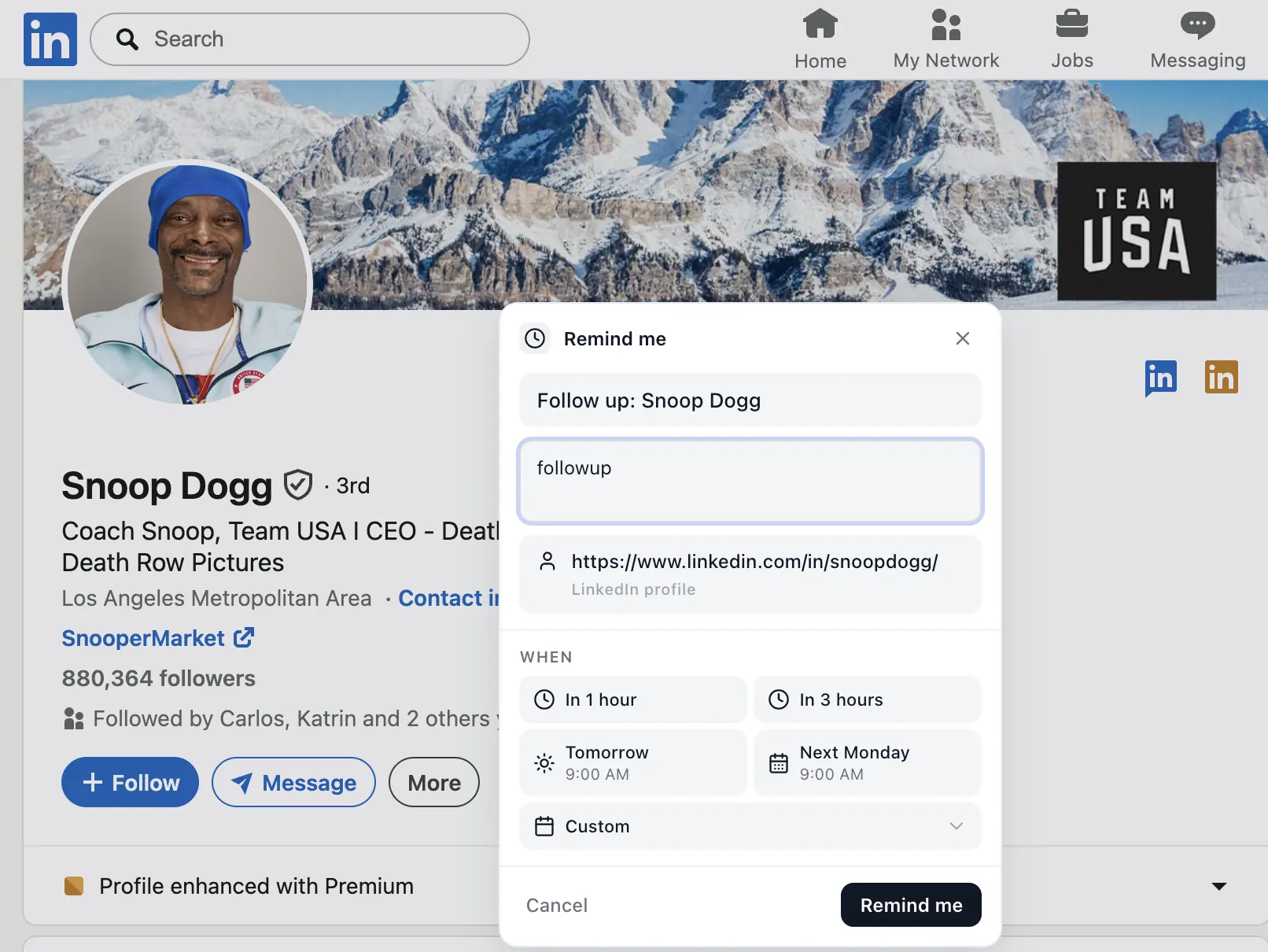 Remind Me popup scheduling a LinkedIn follow-up