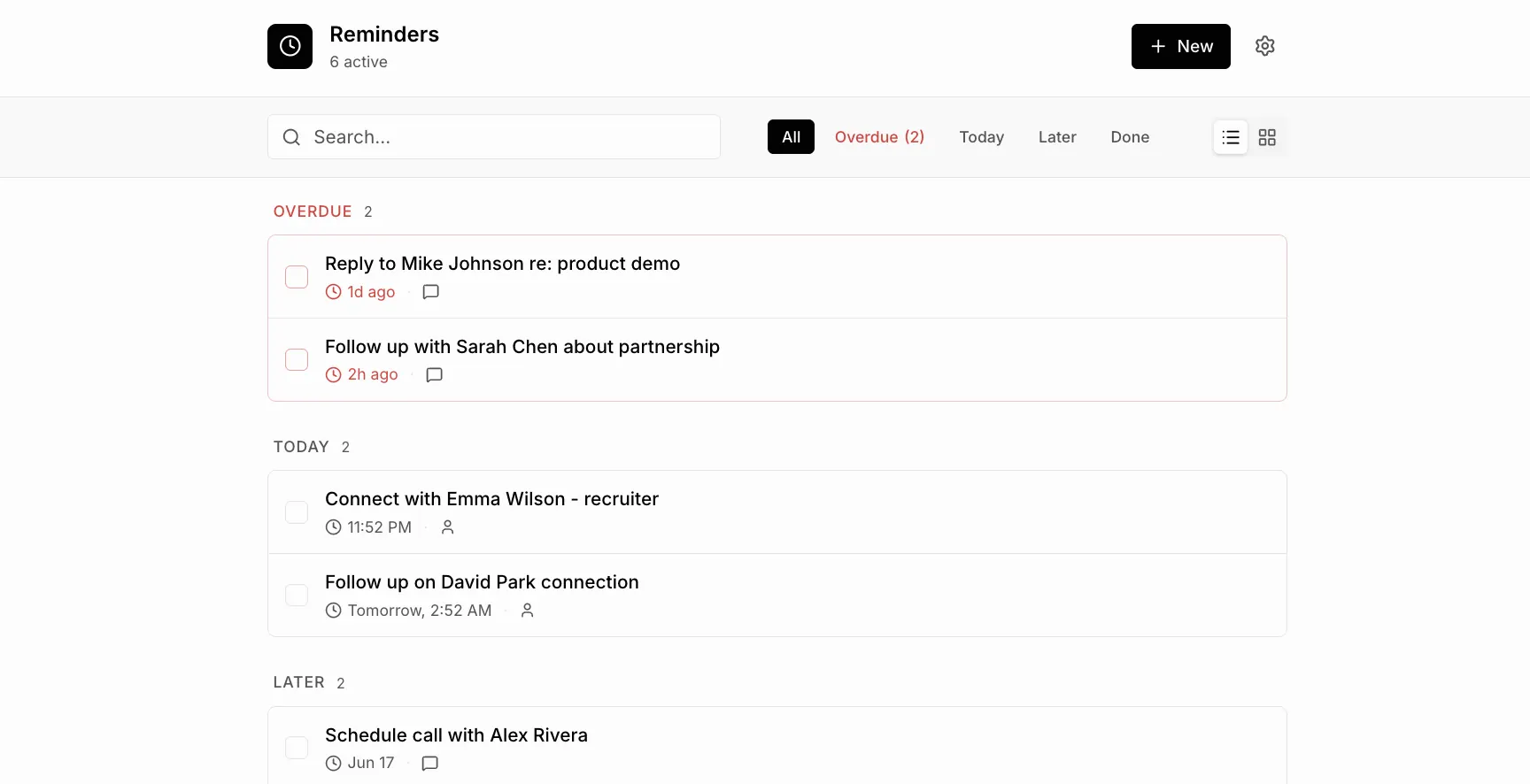 Liste des rappels LinkedIn triés par en retard, aujourd'hui et plus tard