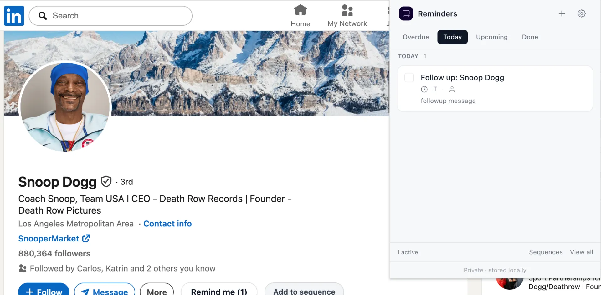 Reminders side panel for a LinkedIn profile