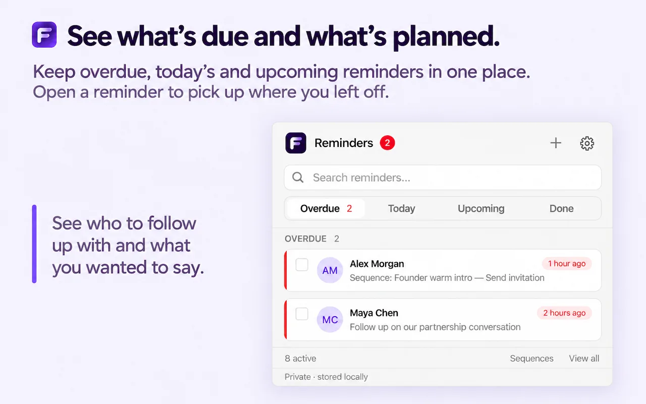 Reminders list with overdue, today, and later